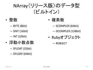 NArray（リリース版）のデータ型
                   （ビルトイン）
• 整数                        • 複素数
      – BYTE (8bit)             – SCOMPLEX (64bit)
      – SINT (16bit)            – DCOMPLEX (128bit)
      – INT (32bit)         • Rubyオブジェクト
• 浮動小数点数                        – ROBJECT
      – SFLOAT (32bit)
      – DFLOAT (64bit)



2011-7-4                 東大本郷                         15
 