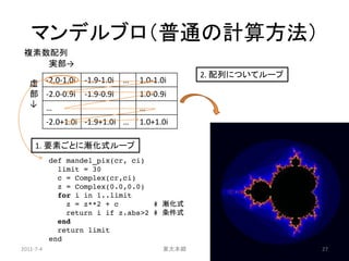 マンデルブロ（普通の計算方法）
 複素数配列
    実部→
                                                 2. 配列についてループ
   虚 -2.0-1.0i      -1.9-1.0i   …   1.0-1.0i
   部 -2.0-0.9i      -1.9-0.9i       1.0-0.9i
   ↓ …                              …
           -2.0+1.0i -1.9+1.0i …    1.0+1.0i

     1. 要素ごとに漸化式ループ
           def mandel_pix(cr, ci)
             limit = 30
             c = Complex(cr,ci)
             z = Complex(0.0,0.0)
             for i in 1..limit
               z = z**2 + c        # 漸化式
               return i if z.abs>2 # 条件式
             end
             return limit
           end
2011-7-4                                  東大本郷                  27
 