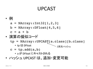 UPCAST
• 例
      a = NArray::Int32[1,2,3]
      b = NArray::DFloat[4,5,6]
      c = a + b
• 演算の擬似コード
      tp = NArray::UPCAST[a.class][b.class]
           • tp は DFloat            2次元ハッシュ
      c = tp.add(a,b)
           • a が DFloat にキャストされる
• ハッシュ UPCAST は、追加・変更可能
2011-7-4                    東大本郷              42
 