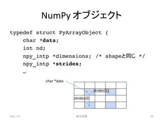 NumPy オブジェクト
typedef struct PyArrayObject {
    char *data;
    int nd;
    npy_intp *dimensions; /* shapeと同じ */
    npy_intp *strides;
    …
           char *data

                                     strides[1]
                        strides[0]



2011-7-4                 東大本郷                     44
 