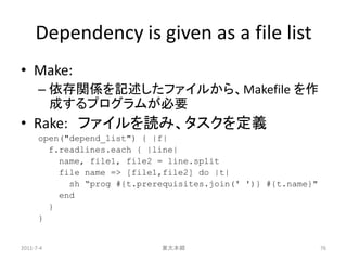 Dependency is given as a file list
• Make:
      – 依存関係を記述したファイルから、Makefile を作
        成するプログラムが必要
• Rake: ファイルを読み、タスクを定義
      open("depend_list") { |f|
        f.readlines.each { |line|
          name, file1, file2 = line.split
          file name => [file1,file2] do |t|
            sh “prog #{t.prerequisites.join(' ')} #{t.name}"
          end
        }
      }


2011-7-4                     東大本郷                              76
 