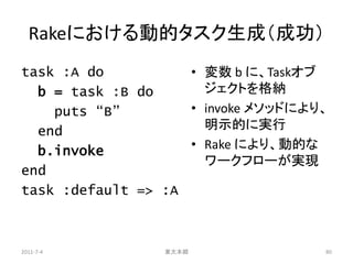 Rakeにおける動的タスク生成（成功）
task :A do          • 変数 b に、Taskオブ
  b = task :B do      ジェクトを格納
    puts “B”        • invoke メソッドにより、
  end                 明示的に実行
  b.invoke          • Rake により、動的な
                      ワークフローが実現
end
task :default => :A



2011-7-4         東大本郷               80
 