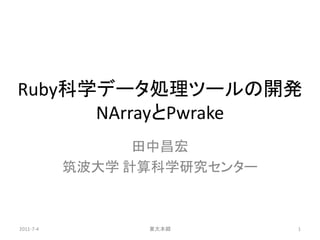 Ruby科学データ処理ツールの開発
      NArrayとPwrake
                 田中昌宏
           筑波大学 計算科学研究センター



2011-7-4         東大本郷        1
 