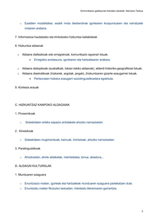 Komunikazio gaitasunari lotutako edukiak. Narrazio-Testua
3
o Esaldien modalitatea: esaldi mota desberdinak igorlearen ikuspuntuaren eta narratzaile
motaren arabera.
7. Informazioa hautatzeko eta trinkotzeko hizkuntza baliabideak
8. Hizkuntza aldaerak
o Aldaera diafasikoak edo erregistroak, komunikazio egoerari lotuak.
 Erregistro aniztasuna, igorlearen eta hartzailearen arabera.
o Aldaera diatopikoak (euskalkiak, tokian tokiko aldaerak), alderdi historiko-geografikoei lotuak.
o Aldaera diastratikoak (hizkerak, argotak, jergak), (hizkuntzaren gizarte ezaugarriei lotuak.
 Pertsonaien hizkera ezaugarri soziolinguistikoetara egokituta.
9. Kortesia arauak
C. HIZKUNTZAZ KANPOKO ALDAGAIAK
1. Proxemikoak
o Solaskideen arteko espazio antolaketa ahozko narrazioetan.
2 . Kinesikoak
o Solaskideen mugimenduak, keinuak, imintzioak, ahozko narrazioetan.
3. Paralinguistikoak
o Ahozkoetan, ahots aldaketak, intentsitatea, tonua, abiadura...
D. ALDAGAI KULTURALAK
1. Munduaren ezaguera
o Enuntziazio mailan, igorleak eta hartzaileak munduaren ezaguera partekatzen dute.
o Enuntziatu mailan fikziozko testuetan, intertestu literarioaren garrantzia.
 