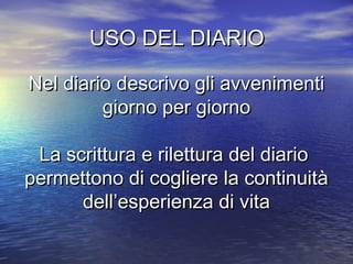USO DEL DIARIOUSO DEL DIARIO
Nel diario descrivo gli avvenimentiNel diario descrivo gli avvenimenti
giorno per giornogiorno per giorno
La scrittura e rilettura del diarioLa scrittura e rilettura del diario
permettono di cogliere la continuitàpermettono di cogliere la continuità
dell’esperienza di vitadell’esperienza di vita
 