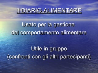 Il DIARIO ALIMENTAREIl DIARIO ALIMENTARE
Usato per la gestioneUsato per la gestione
del comportamento alimentaredel comportamento alimentare
Utile in gruppoUtile in gruppo
(confronti con gli altri partecipanti)(confronti con gli altri partecipanti)
 