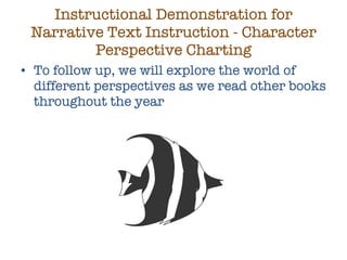 Instructional Demonstration for Narrative Text Instruction - Character Perspective Charting To follow up, we will explore the world of different perspectives as we read other books throughout the year 