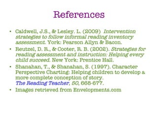References Caldwell, J.S., & Lesley. L. (2009)  Intervention strategies to follow informal reading inventory assessment . York: Pearson Allyn & Bacon. Reutzel, D. R., & Cooter, R. B. (2002).  Strategies for reading assessment and instruction: Helping every child succeed . New York: Prentice Hall. Shanahan, T., & Shanahan, S. (1997). Character Perspective Charting: Helping children to develop a more complete conception of story.  The Reading Teacher ,  50 , 668-677. Images retrieved from Envelopments.com 