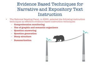 Evidence Based Techniques for Narrative and Expository Text Instruction The National Reading Panel, in 2000, selected the following instruction techniques as effective evidence based instruction techniques: Comprehension monitoring  Use of graphic and semantic organizers  Question answering   Question generation   Story structure   Summarization   