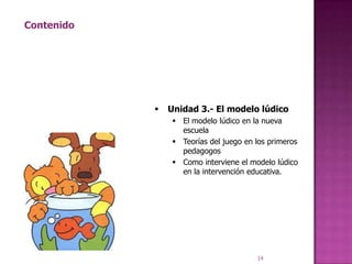 Contenido




               Unidad 3.- El modelo lúdico
                 El modelo lúdico en la nueva
                  escuela
                 Teorías del juego en los primeros
                  pedagogos
                 Como interviene el modelo lúdico
                  en la intervención educativa.




                                       14
 