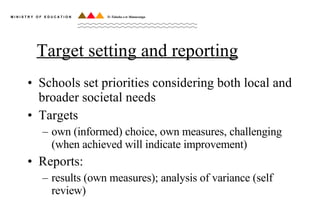 Target setting and reporting Schools set priorities considering both local and broader societal needs Targets own (informed) choice, own measures, challenging (when achieved will indicate improvement) Reports: results (own measures); analysis of variance (self review) 