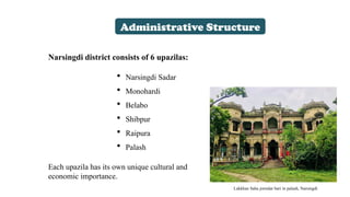 Administrative Structure
 Narsingdi Sadar
 Monohardi
 Belabo
 Shibpur
 Raipura
 Palash
Narsingdi district consists of 6 upazilas:
Lakkhan Saha jomidar bari in palash, Narsingdi
Each upazila has its own unique cultural and
economic importance.
 