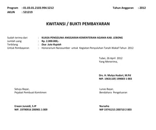 Program    : 01.03.01.2103.994.5212                                              Tahun Anggaran     : 2012
AKUN       : 521219


                              KWITANSI / BUKTI PEMBAYARAN

Sudah terima dari      :   KUASA PENGGUNA ANGGARAN KEMENTERIAN AGAMA KAB. LEBONG
Jumlah uang            :   Rp. 2.000.000,-
Terbilang              :   Dua Juta Rupiah
Untuk Pembayaran       :   Honorarium Narasumber untuk Kegiatan Penyuluhan Tanah Wakaf Tahun 2012


                                                                      Tubei, 26 April 2012
                                                                      Yang Menerima,



                                                                      Drs. H. Mulya Hudori, M.Pd
                                                                      NIP. 19631105 199003 1 003


     Setuju Bayar,                                                     Lunas Bayar,
     Pejabat Pembuat Komitmen                                          Bendahara Pengeluaran



     Erwan Junaidi, S.IP                                               Nurseha
     NIP. 19790916 200901 1 009                                        NIP 19741215 200710 2 003
 
