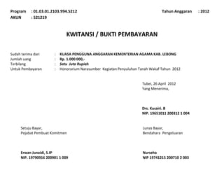 Program    : 01.03.01.2103.994.5212                                              Tahun Anggaran    : 2012
AKUN       : 521219


                              KWITANSI / BUKTI PEMBAYARAN

Sudah terima dari      :   KUASA PENGGUNA ANGGARAN KEMENTERIAN AGAMA KAB. LEBONG
Jumlah uang            :   Rp. 1.000.000,-
Terbilang              :   Satu Juta Rupiah
Untuk Pembayaran       :   Honorarium Narasumber Kegiatan Penyuluhan Tanah Wakaf Tahun 2012


                                                                      Tubei, 26 April 2012
                                                                      Yang Menerima,



                                                                      Drs. Kusairi. B
                                                                      NIP. 19651011 200312 1 004


     Setuju Bayar,                                                     Lunas Bayar,
     Pejabat Pembuat Komitmen                                          Bendahara Pengeluaran



     Erwan Junaidi, S.IP                                               Nurseha
     NIP. 19790916 200901 1 009                                        NIP 19741215 200710 2 003
 