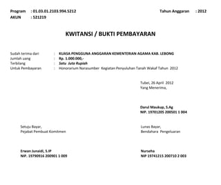 Program    : 01.03.01.2103.994.5212                                              Tahun Anggaran    : 2012
AKUN       : 521219


                              KWITANSI / BUKTI PEMBAYARAN

Sudah terima dari      :   KUASA PENGGUNA ANGGARAN KEMENTERIAN AGAMA KAB. LEBONG
Jumlah uang            :   Rp. 1.000.000,-
Terbilang              :   Satu Juta Rupiah
Untuk Pembayaran       :   Honorarium Narasumber Kegiatan Penyuluhan Tanah Wakaf Tahun 2012


                                                                      Tubei, 26 April 2012
                                                                      Yang Menerima,



                                                                      Darul Maukup, S.Ag
                                                                      NIP. 19701205 200501 1 004


     Setuju Bayar,                                                     Lunas Bayar,
     Pejabat Pembuat Komitmen                                          Bendahara Pengeluaran



     Erwan Junaidi, S.IP                                               Nurseha
     NIP. 19790916 200901 1 009                                        NIP 19741215 200710 2 003
 