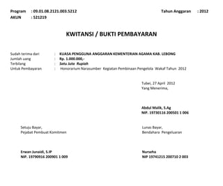 Program    : 09.01.08.2121.003.5212                                              Tahun Anggaran    : 2012
AKUN       : 521219


                              KWITANSI / BUKTI PEMBAYARAN

Sudah terima dari      :   KUASA PENGGUNA ANGGARAN KEMENTERIAN AGAMA KAB. LEBONG
Jumlah uang            :   Rp. 1.000.000,-
Terbilang              :   Satu Juta Rupiah
Untuk Pembayaran       :   Honorarium Narasumber Kegiatan Pembinaan Pengelola Wakaf Tahun 2012


                                                                      Tubei, 27 April 2012
                                                                      Yang Menerima,



                                                                      Abdul Malik, S.Ag
                                                                      NIP. 19730116 200501 1 006


     Setuju Bayar,                                                    Lunas Bayar,
     Pejabat Pembuat Komitmen                                         Bendahara Pengeluaran



     Erwan Junaidi, S.IP                                              Nurseha
     NIP. 19790916 200901 1 009                                       NIP 19741215 200710 2 003
 