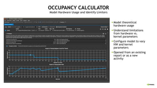 OCCUPANCY CALCULATOR
Model Hardware Usage and Identify Limiters
§ Model theoretical
hardware usage
§ Understand limitations
from hardware vs.
kernel parameters
§ Configure model to vary
HW and kernel
parameters
§ Opened from an existing
report or as a new
activity
 
