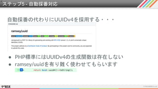 ステップ5 - 自動採番対応
自動採番の代わりにUUIDv4を採用する・・・
● PHP標準にはUUIDv4の生成関数は存在しない
● ramsey/uuidを有り難く使わせてもらいます
 