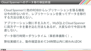 Cloud Spannerへのデータ移行検証前提
Cloud Spannerに他のRDBからレプリケーションを張る機能
は今の所ないので、レプリケーションを使ってデータを移行
する方法は使えない。
アプリケーション側に手を入れて、MySQLとCloud Spanner
に両方データを書き込む方法もあるが、大変なので今回は考
慮しない。
データ移行時間＝ダウンタイム（事前準備除く）。
弊社実績だと、動作確認含めて24時間以内に終わればOK
 