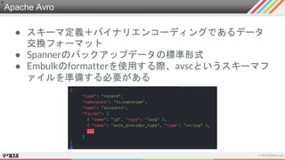 Apache Avro
● スキーマ定義＋バイナリエンコーディングであるデータ
交換フォーマット
● Spannerのバックアップデータの標準形式
● Embulkのformatterを使用する際、avscというスキーマフ
ァイルを準備する必要がある
 