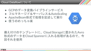 Cloud Dataflowについて
● GCPのデータ変換パイプラインサービス
● フルマネージド＆サーバレス＆AutoScaling
● ApacheBeam形式で処理を記述して実行
● 使うのめっちゃ楽
備え付けのテンプレートに、Cloud Storageに置かれたAvro
形式のデータをCloud Spannerに入れる処理があるので、今
回それを使用
 