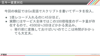 主キー変更対応
今回の検証ではGo言語でスクリプトを書いてデータを投入。
● 1億レコード入れるのに45分ほど。
● 実際にはサービス全体ではこの100倍程度のデータ量が存
在するので、4500分≒3日ほどかかる見込み。
○ 移行前に変換しておけばいいのでここは時間がかかっ
ても大丈夫。
 