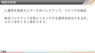 検証の総括
3. 運用を見据えたデータのバックアップ、リストアの検証
毎日バックアップを取りリストアする運用自体はできるが、
コストはそこそこ掛かりそう。
 