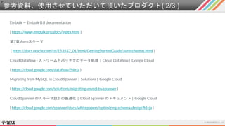 参考資料、使用させていただいて頂いたプロダクト( 2/3 )
Embulk — Embulk 0.8 documentation
( https://www.embulk.org/docs/index.html )
第7章 Avroスキーマ
( https://docs.oracle.com/cd/E53557_01/html/GettingStartedGuide/avroschemas.html )
Cloud Dataflow - ストリームとバッチでのデータ処理 | Cloud Dataflow | Google Cloud
( https://cloud.google.com/dataflow/?hl=ja )
Migrating from MySQL to Cloud Spanner | Solutions | Google Cloud
( https://cloud.google.com/solutions/migrating-mysql-to-spanner )
Cloud Spanner のスキーマ設計の最適化 | Cloud Spanner のドキュメント | Google Cloud
( https://cloud.google.com/spanner/docs/whitepapers/optimizing-schema-design?hl=ja )
 