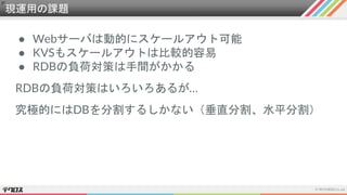 現運用の課題
● Webサーバは動的にスケールアウト可能
● KVSもスケールアウトは比較的容易
● RDBの負荷対策は手間がかかる
RDBの負荷対策はいろいろあるが…
究極的にはDBを分割するしかない（垂直分割、水平分割）
 