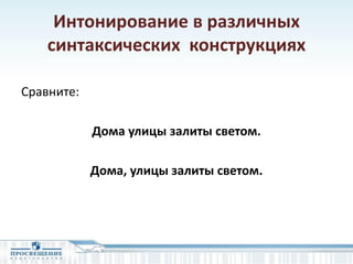 Интонирование в различных
синтаксических конструкциях
Сравните:
Дома улицы залиты светом.
Дома, улицы залиты светом.
 