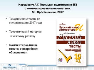 • Тематические тесты по
спецификации 2017 года
• Теоретический материал
к каждому разделу
• Комментированные
ответы с подробным
объяснением
Нарушевич А.Г. Тесты для подготовки к ЕГЭ
с комментированными ответами.
М.: Просвещение, 2017
 
