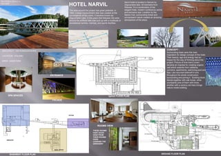 HOTEL NARVIL
ARCHITECT : KM RUBASZKWEIKS
LOCATION : POLAND
AREA : 44000 SQM
Narvil hotel is located in Serock by
Zegrzyńskie lake, 40 kilometre from
Warsaw. It’s a combination of the
elegant hotel, modern conference centre
and exclusive spa. Location by the
Narew river, surrounding forest and
omnipresent nature creates an amazing
atmosphere of the place.
CONCEPT :
Surrounding trees were the main
inspiration for design concept of the hotel.
Their beauty, age and energy had an
impact for the way of thinking about the
project. Picture of lime tree’s crown
became an impulse for creating organic
wall which extends from cafeteria,
corridors, apartments, swimming pool and
Spa. Like recurrent leitmotif it runs
throughout the whole construction,
surrounding and joining it. Building block
blends together with oak forest, while
courtyards (one of them with limes,
another with a century-old tree) brings
nature inside building.
BACK OFFICE
KITCHN
SERVICES
BASEMENT FLOOR PLAN
ENTRANCE
ENTRANCE
ENTRANCE
ENTRANCE
GROUND FLOOR PLAN
typical FLOOR PLAN
SWATHIKA PREM.P.A
145132005
ENTRANCE
FACADE
SPA SPACES
ROOMS VIEW
THESE ROOMS
HAVE GOOD
VIEW FROM
THEIR ROOMS
OVER
LOOKING THE
GREENERY
The area around the project has great potential. In
1963, a large impoundment lake was created at the
convergence of two rivers. It became known as
Zegrzyńskie Lake. In the years that followed, the area
around the artificial lake was built up with a multitude of
recreational centres, marinas, and sports facilities.
 