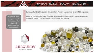 11
NAUJAAT PROJECT – DEAL WITH BURGUNDY
Australian listed
company newly
focused on the
diamond
exploration and
mining sector.
• Burgundy funding the current C$5.6 million, Phase 1 bulk sample to earn 40% of project
• Letter of Intent (LOI) in place for Phase 2 (results dependent), where Burgundy can earn
additional 20% in Q1-4 by funding 10,000 tonne bulk sample.
 