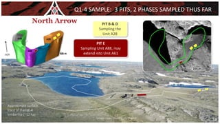 Approximate surface
trace of the Q1-4
kimberlite (~12 ha)
Image view: Looking northwest
PIT E
Sampling Unit A88, may
extend into Unit A61
Q1-4 SAMPLE: 3 PITS, 2 PHASES SAMPLED THUS FAR
PIT B & D
Sampling the
Unit A28
13
 
