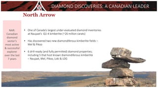 • One of Canada’s largest under-evaluated diamond inventories
at Naujaat’s Q1-4 kimberlite (~26 million carats)
• Has discovered two new diamondiferous kimberlite fields –
Mel & Pikoo
• 6 drill-ready (and fully permitted) diamond properties;
including 5 that host known diamondiferous kimberlite
– Naujaat, Mel, Pikoo, Loki & LDG
DIAMOND DISCOVERIES: A CANADIAN LEADER
NAR:
Canadian
diamond
sector’s
most active
& successful
explorer
over the last
7 years
18
 