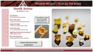 ✓ Jurisdiction
✓ Near tide water
✓ Large tonnage
✓ Low strip ratio
✓ Significant diamond inventory*
✓ Blue sky potential
* CAUTION – Inferred Mineral Resources are not Mineral Reserves and do not have demonstrated economic viability
Unique diamond value
proposition
<3:1 vs >10:1 for NWT diamond mines
~48 Mt down to 205m below surface
~26M contained carats
15 additional kimberlites for evaluation
Freight costs 50% of NWT diamond mines
Clear permitting path in Nunavut GIA certified 0.13 carat
fancy vivid orangey
yellow brilliant cut
diamond from Q1-4
7
NAUJAAT PROJECT – TICKS ALL THE BOXES
 
