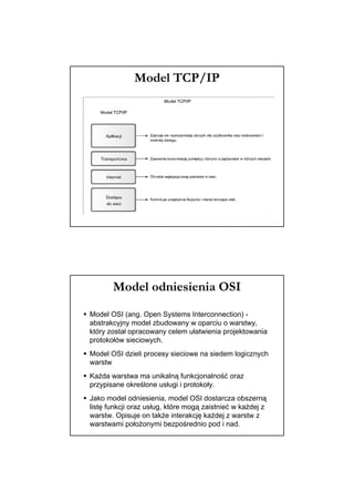 Model TCP/IP




       Model odniesienia OSI
Model OSI (ang. Open Systems Interconnection) -
abstrakcyjny model zbudowany w oparciu o warstwy,
który został opracowany celem ułatwienia projektowania
protokołów sieciowych.
Model OSI dzieli procesy sieciowe na siedem logicznych
warstw
Każda warstwa ma unikalną funkcjonalność oraz
przypisane określone usługi i protokoły.
Jako model odniesienia, model OSI dostarcza obszerną
listę funkcji oraz usług, które mogą zaistnieć w każdej z
warstw. Opisuje on także interakcję każdej z warstw z
warstwami położonymi bezpośrednio pod i nad.
 