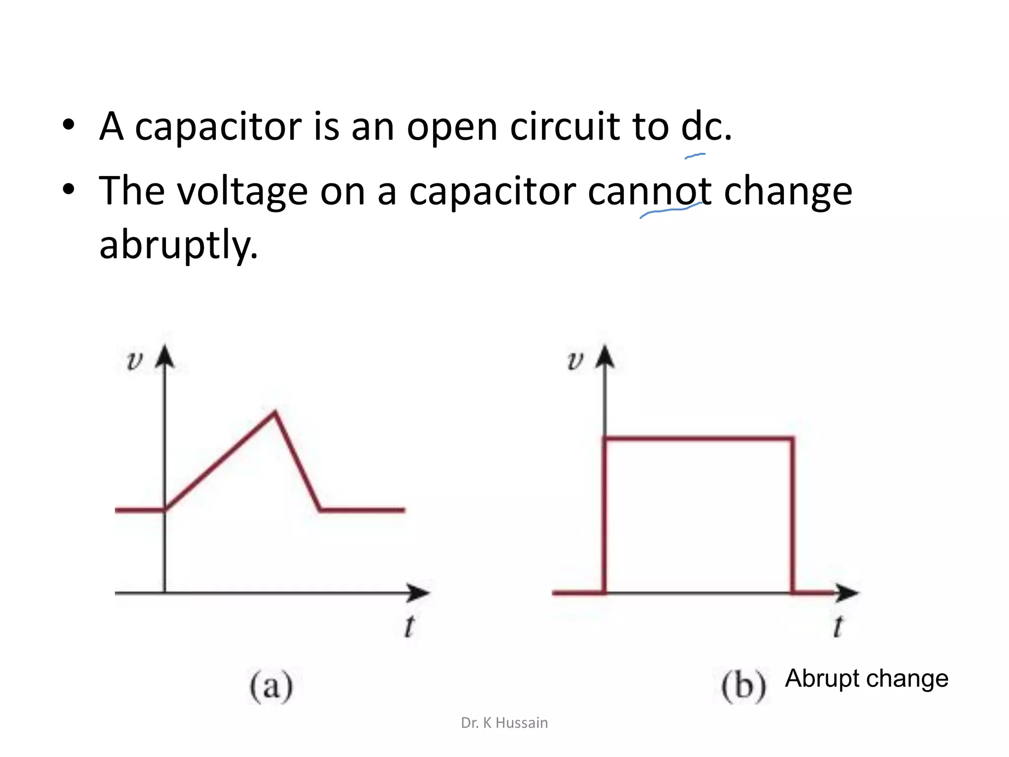 • A capacitor is an open circuit to dc.
• The voltage on a capacitor cannot change
abruptly.
Abrupt change
Dr. K Hussain
 