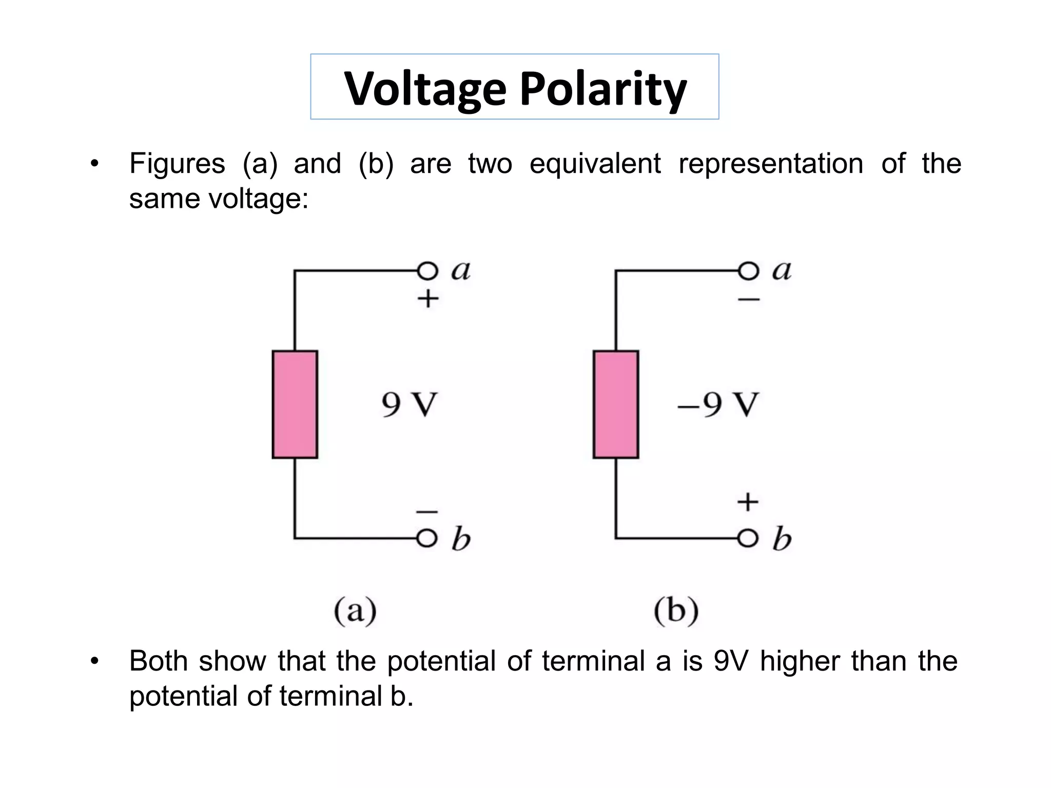Voltage Polarity
• Figures (a) and (b) are two equivalent representation of the
same voltage:
• Both show that the potential of terminal a is 9V higher than the
potential of terminal b.
 