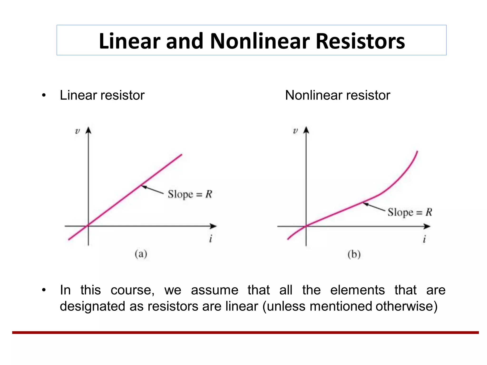 Linear and Nonlinear Resistors
• Linear resistor Nonlinear resistor
• In this course, we assume that all the elements that are
designated as resistors are linear (unless mentioned otherwise)
 