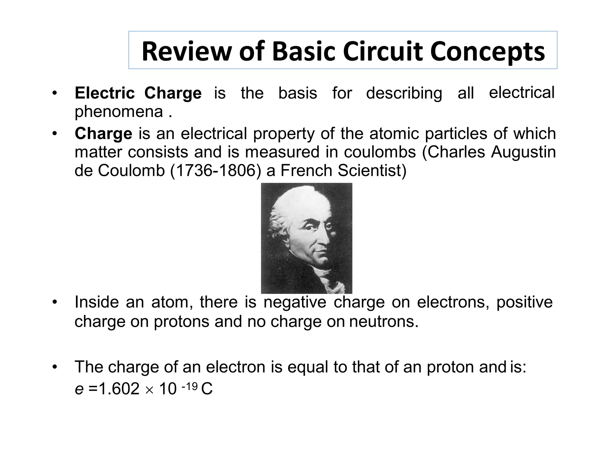 Review of Basic Circuit Concepts
electrical• Electric Charge is the basis for describing all
phenomena .
• Charge is an electrical property of the atomic particles of which
matter consists and is measured in coulombs (Charles Augustin
de Coulomb (1736-1806) a French Scientist)
• Inside an atom, there is negative charge on electrons, positive
charge on protons and no charge on neutrons.
• The charge of an electron is equal to that of an proton and is:
e =1.602  10 -19 C
 