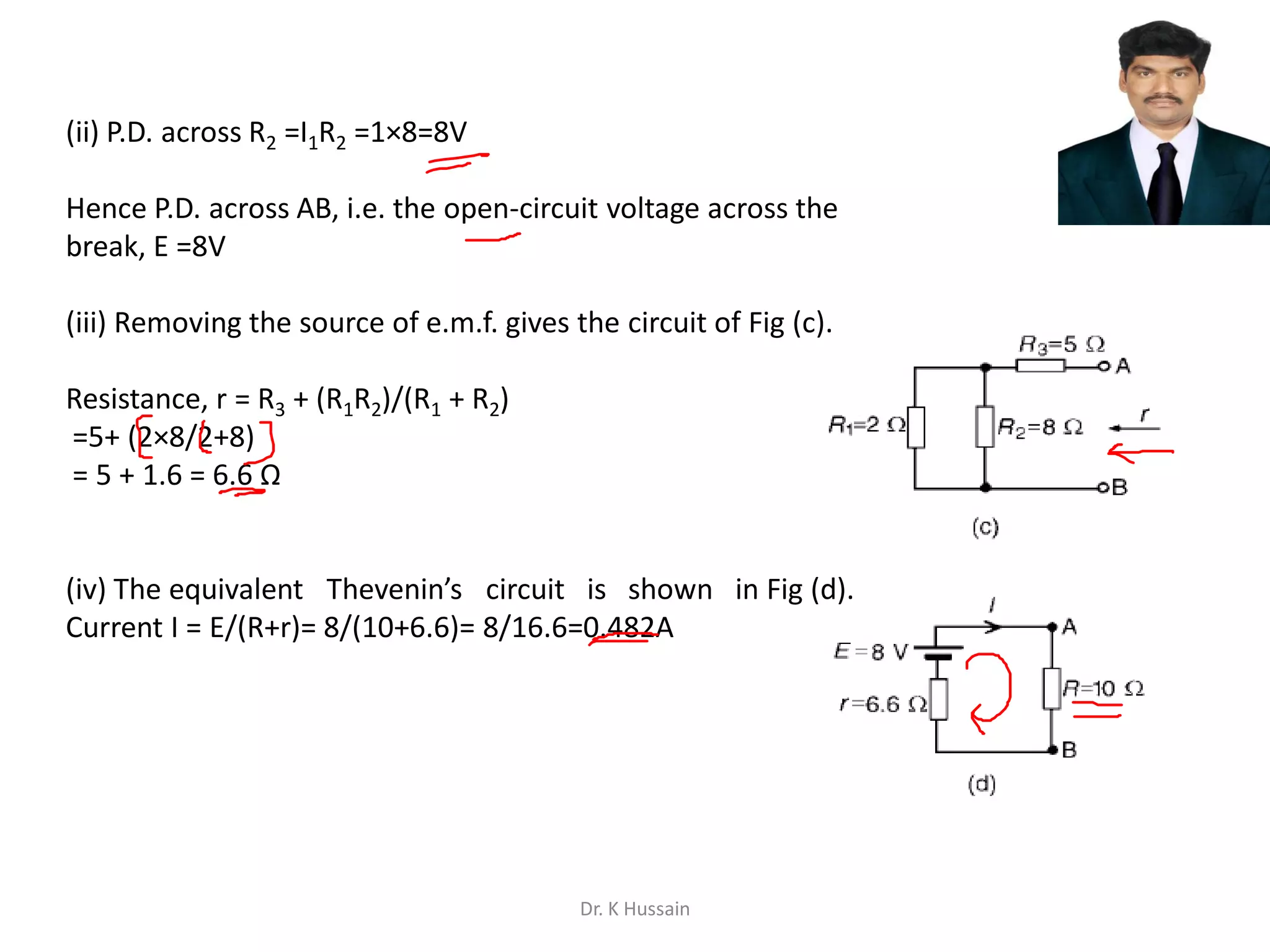 (ii) P.D. across R2 =I1R2 =1×8=8V
Hence P.D. across AB, i.e. the open-circuit voltage across the
break, E =8V
(iii) Removing the source of e.m.f. gives the circuit of Fig (c).
Resistance, r = R3 + (R1R2)/(R1 + R2)
=5+ (2×8/2+8)
= 5 + 1.6 = 6.6 Ω
(iv) The equivalent Thevenin’s circuit is shown in Fig (d).
Current I = E/(R+r)= 8/(10+6.6)= 8/16.6=0.482A
Dr. K Hussain
 
