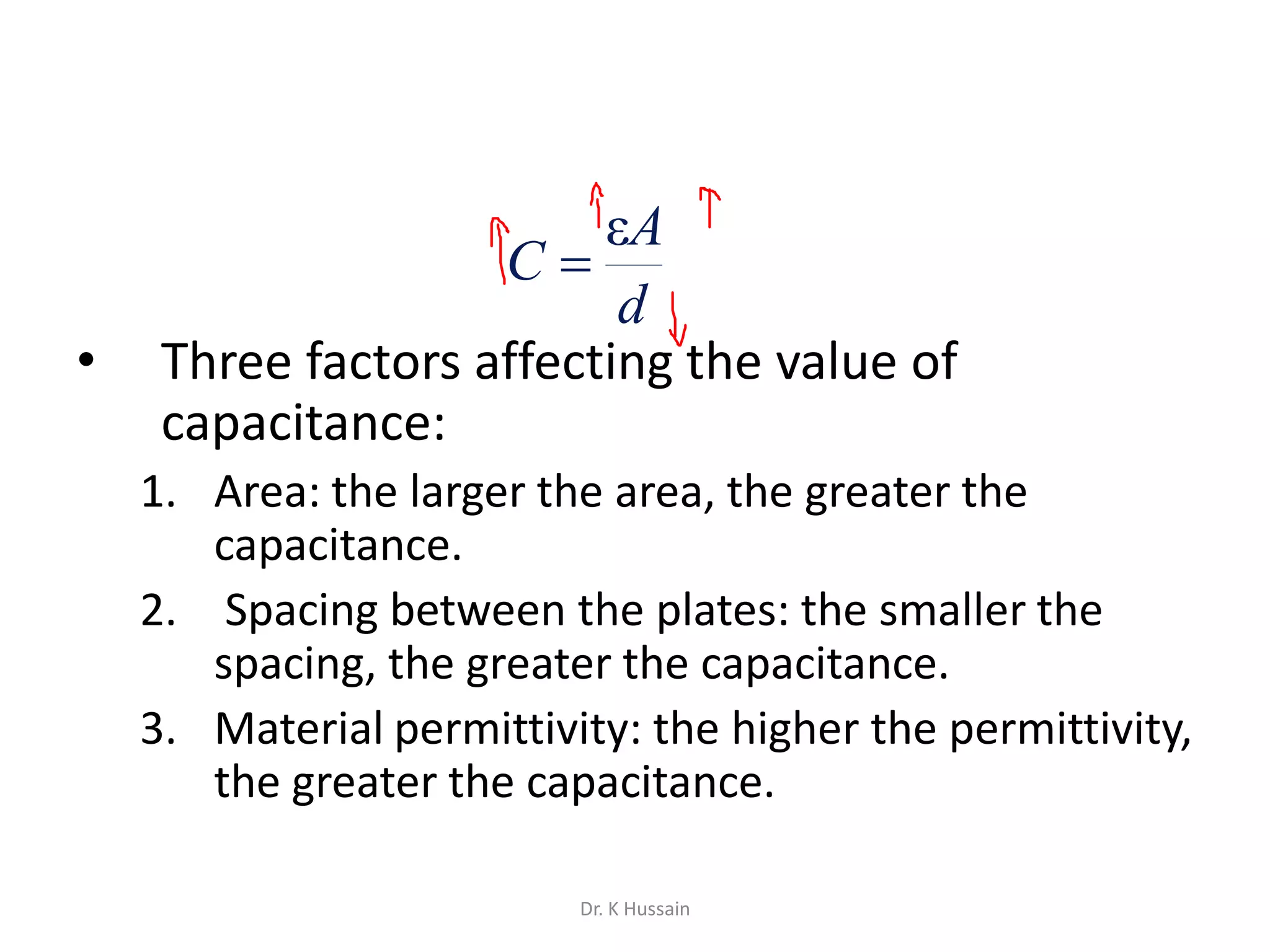• Three factors affecting the value of
capacitance:
1. Area: the larger the area, the greater the
capacitance.
2. Spacing between the plates: the smaller the
spacing, the greater the capacitance.
3. Material permittivity: the higher the permittivity,
the greater the capacitance.
d
A
C
ε

Dr. K Hussain
 