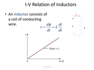 I-V Relation of Inductors
• An inductor consists of
a coil of conducting
wire.
dt
di
L
dt
d
v 

+
-
v
i
L
Dr. K Hussain
 