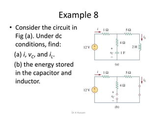 Example 8
• Consider the circuit in
Fig (a). Under dc
conditions, find:
(a) i, vC, and iL.
(b) the energy stored
in the capacitor and
inductor.
Dr. K Hussain
 