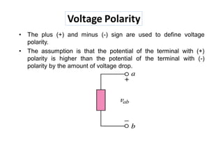 Voltage Polarity
• The plus (+) and minus (-) sign are used to define voltage
polarity.
• The assumption is that the potential of the terminal with (+)
polarity is higher than the potential of the terminal with (-)
polarity by the amount of voltage drop.
 