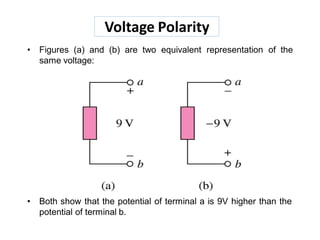 Voltage Polarity
• Figures (a) and (b) are two equivalent representation of the
same voltage:
• Both show that the potential of terminal a is 9V higher than the
potential of terminal b.
 