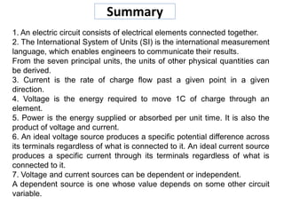 Summary
1. An electric circuit consists of electrical elements connected together.
2. The International System of Units (SI) is the international measurement
language, which enables engineers to communicate their results.
From the seven principal units, the units of other physical quantities can
be derived.
3. Current is the rate of charge flow past a given point in a given
direction.
4. Voltage is the energy required to move 1C of charge through an
element.
5. Power is the energy supplied or absorbed per unit time. It is also the
product of voltage and current.
6. An ideal voltage source produces a specific potential difference across
its terminals regardless of what is connected to it. An ideal current source
produces a specific current through its terminals regardless of what is
connected to it.
7. Voltage and current sources can be dependent or independent.
A dependent source is one whose value depends on some other circuit
variable.
 