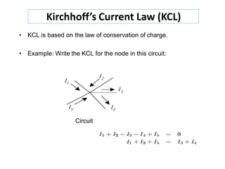 • KCL is based on the law of conservation of charge.
• Example: Write the KCL for the node in this circuit:
Circuit
Kirchhoff’s Current Law (KCL)
 