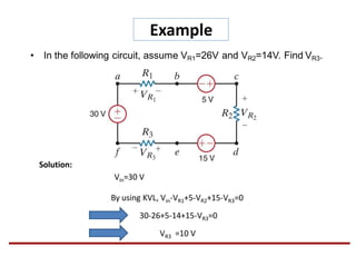 Example
• In the following circuit, assume VR1=26V and VR2=14V. Find VR3.
Solution:
By using KVL, Vin-VR1+5-VR2+15-VR3=0
30-26+5-14+15-VR3=0
VR3 =10 V
Vin=30 V
 